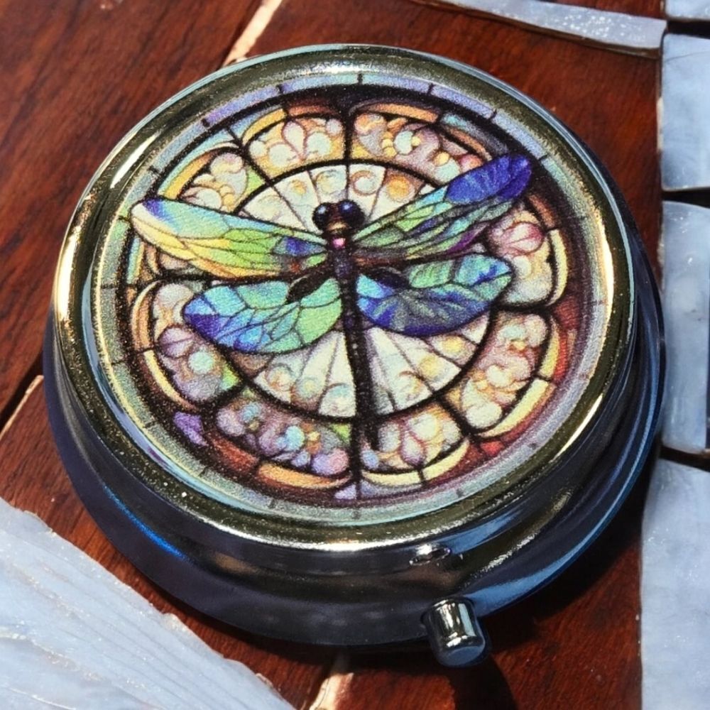 Dragonfly Stained Glass Pill Box Medicine Mini Tin Case Mirrored Travel Purse